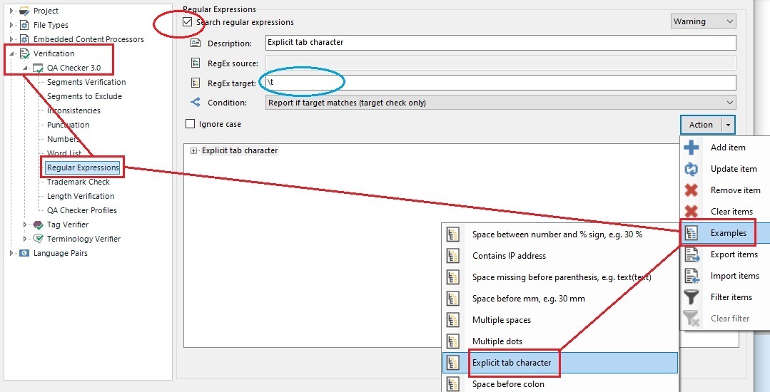 Trados Studio screenshot showing the Regular Expressions settings with 'Explicit tab character' option highlighted and regex target set to 't'.