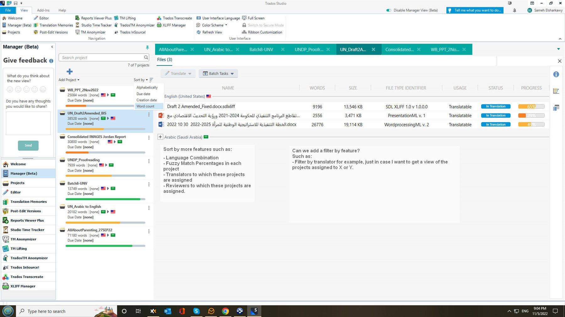 Trados Studio Manager view with a feedback pop-up, project list, and file details including translation progress bars.