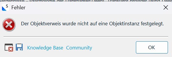 Error dialog box in Trados Studio with a message: 'Der Objektverweis wurde nicht auf eine Objektinstanz festgelegt', with options for Knowledge Base and Community, and an OK button.