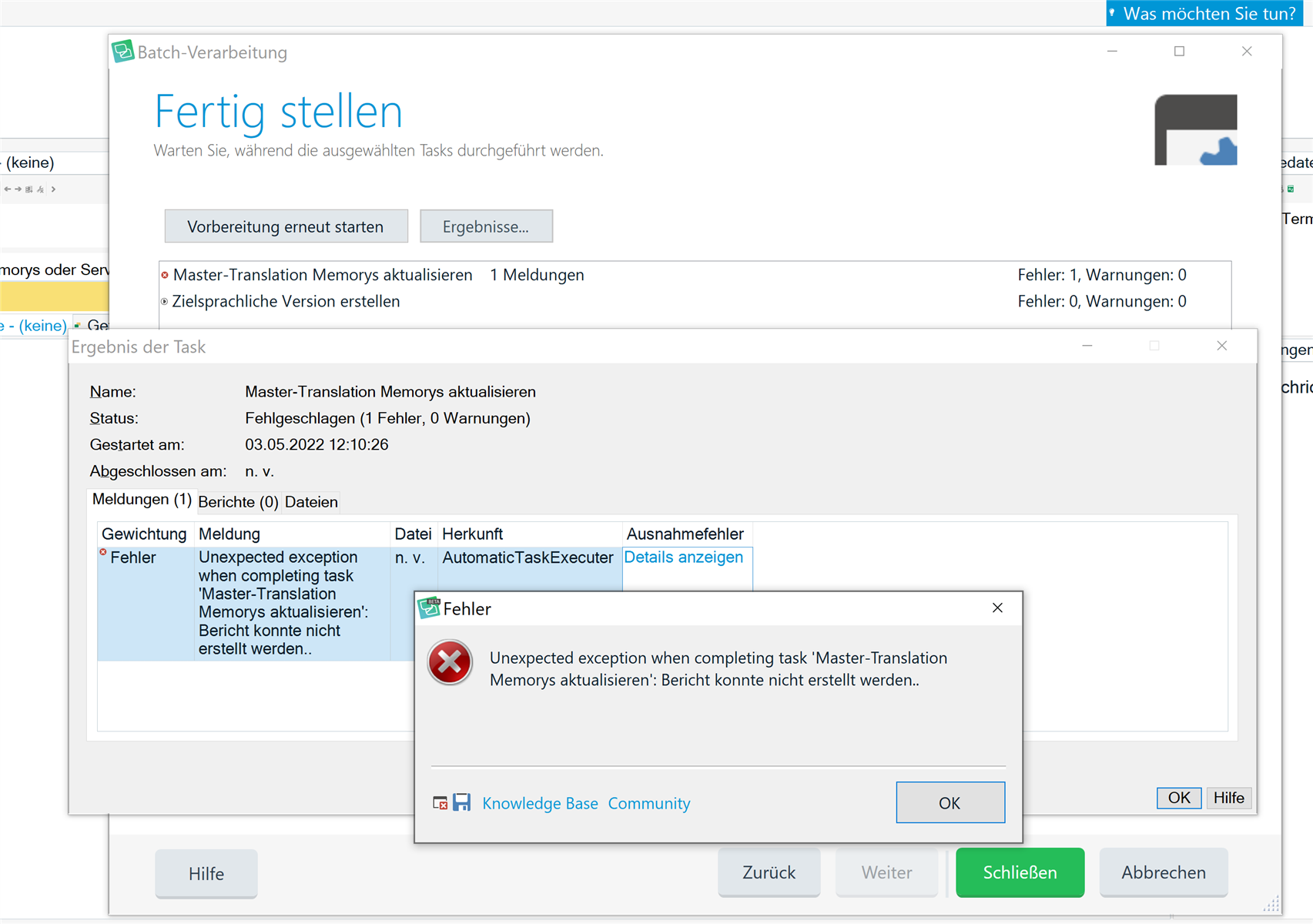 Screenshot of Trados Studio error message in German, indicating a failure to create a report for the TM update during the 'Finish' batch task.