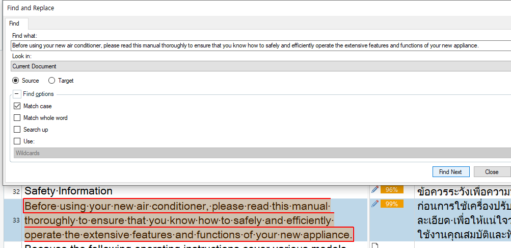 Screenshot of Trados Studio's 'Find and Replace' function highlighting the identical text in the source file that matches the text from the TM.
