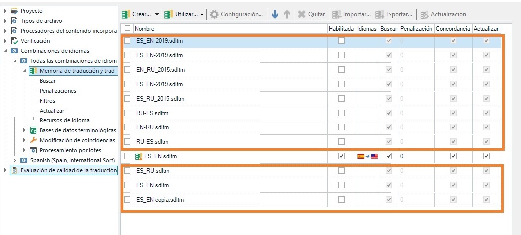 Screenshot of Trados Studio 2021 showing a list of translation memories with some highlighted in red rectangles indicating they do not exist and were deleted long ago.