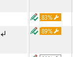Screenshot showing two fuzzy match percentages in Trados Studio, 83% and 89%, with repair icons next to them.