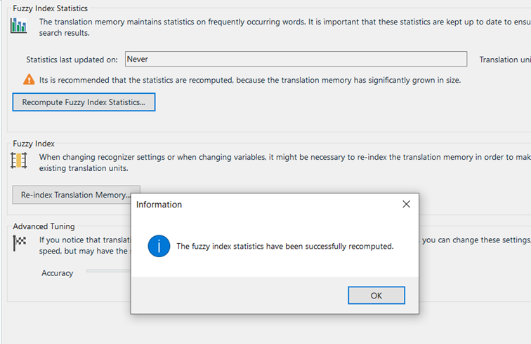 Trados Studio dialog box showing 'The fuzzy index statistics have been successfully recomputed' with an 'OK' button.