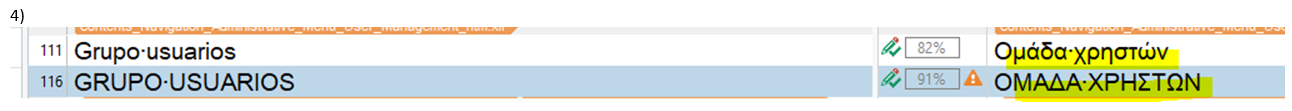 Trados Studio showing an inconsistency error for the term 'GRUPO USUARIOS' in upper case and 'Grupo-usuarios' in lower case, and '   ' in Greek with case differences.