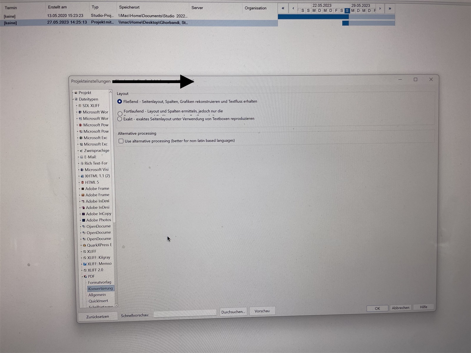 Trados Studio 2022 project settings window with PDF conversion options showing only 'Layout' and 'Alternative processing'. Other expected options are not visible.