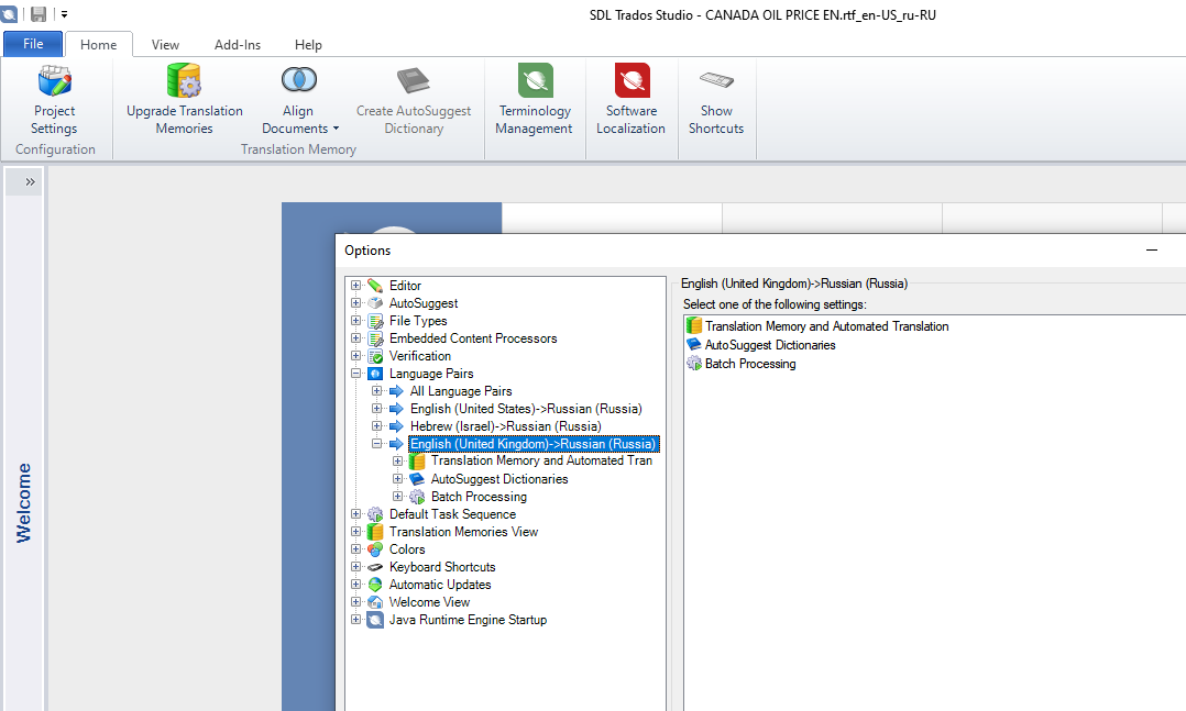 Trados Studio options menu showing language pair English (United Kingdom) to Russian (Russia) selected.