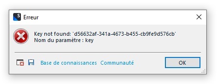 Error alert in Trados Studio displaying 'Key not found' with a specific key reference and an OK button.