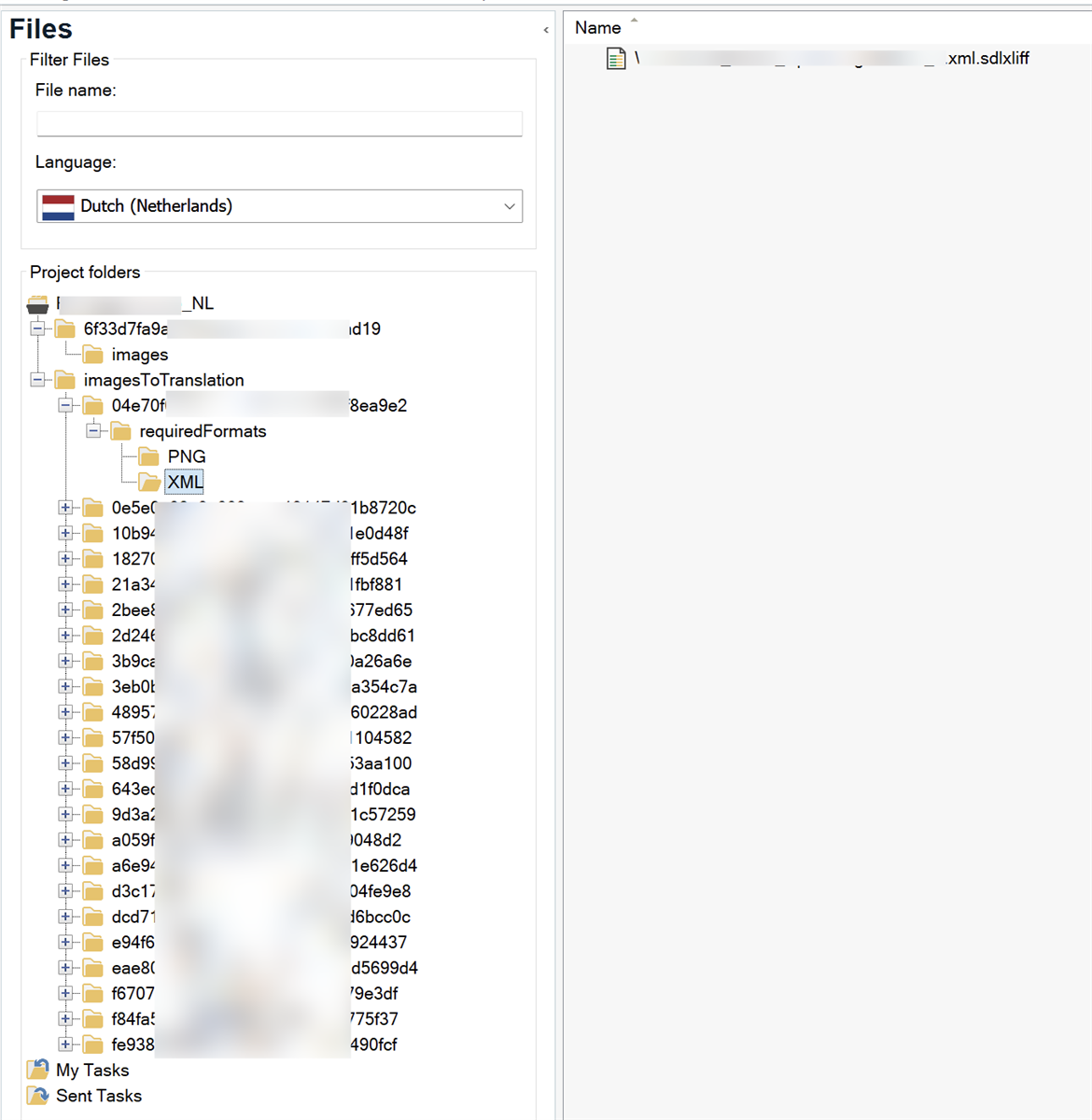 Screenshot of Trados Studio interface showing the Files view with a filter applied. The left pane displays a project structure with folders, highlighting the 'imagesToTranslation' folder expanded to show 'XML' subfolder containing multiple sdlxliff files. The right pane shows a selected sdlxliff file.