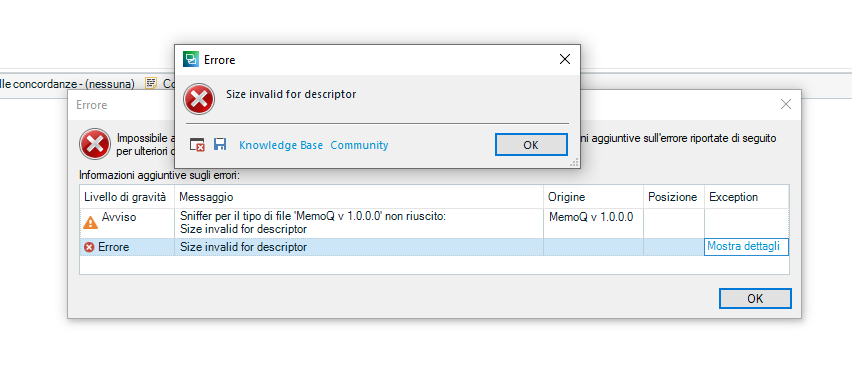 Error dialog box in Trados Studio with a message 'Size invalid for descriptor' and a button labeled 'OK'.
