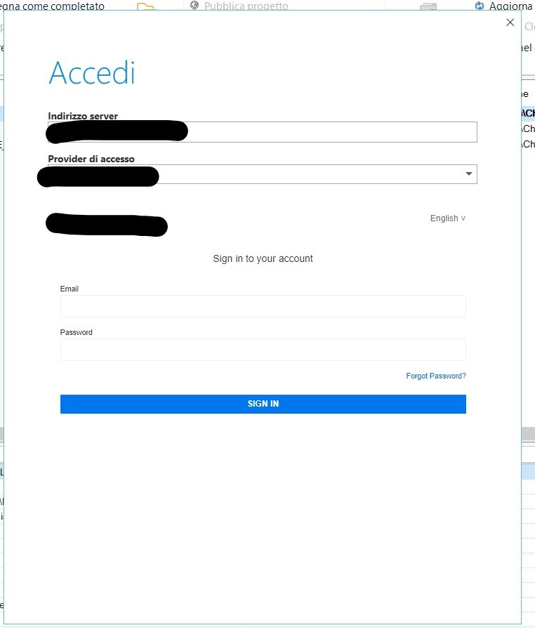 Trados Studio 2022 SR1 Access Server pop-up window requesting server address and access provider details with sign-in fields for email and password.