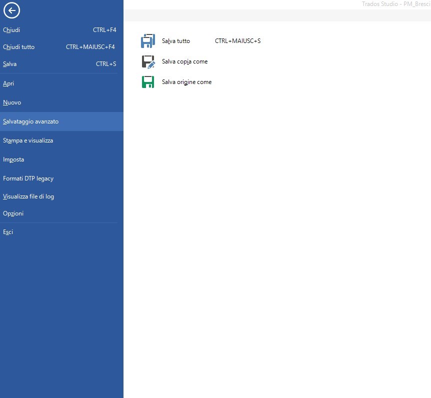 Trados Studio 'File' menu in a different layout, showing options like 'Save', 'Save As', 'Advanced Save' in Italian. 'Save Target As' is still missing.