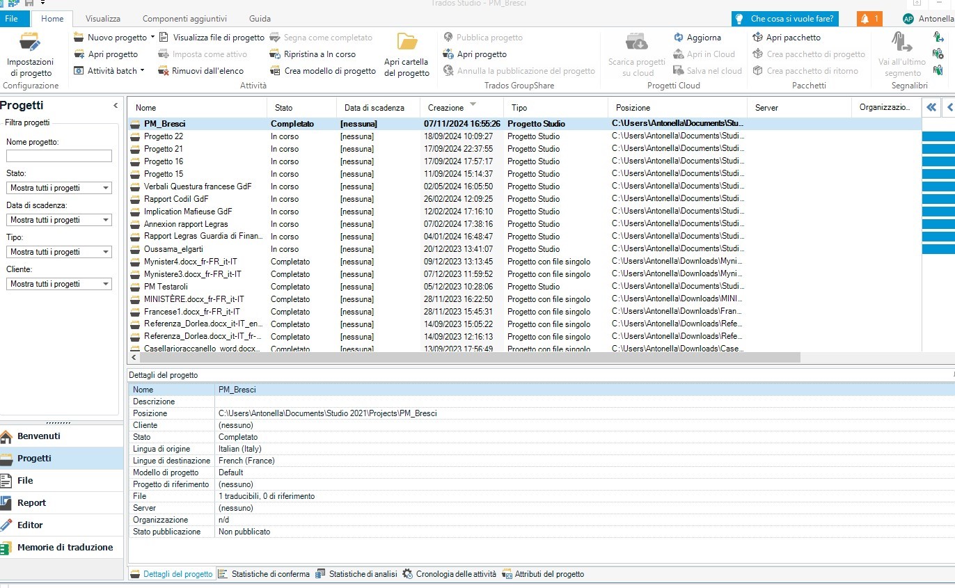 Screenshot of Trados Studio with the 'Projects' view open, showing a list of projects. The 'PM_Bresci' project is highlighted, indicating it is completed with no due date. The creation date is 07112024. The 'Project Details' pane below lists details like file path, client (none), and language pair Italian to French.