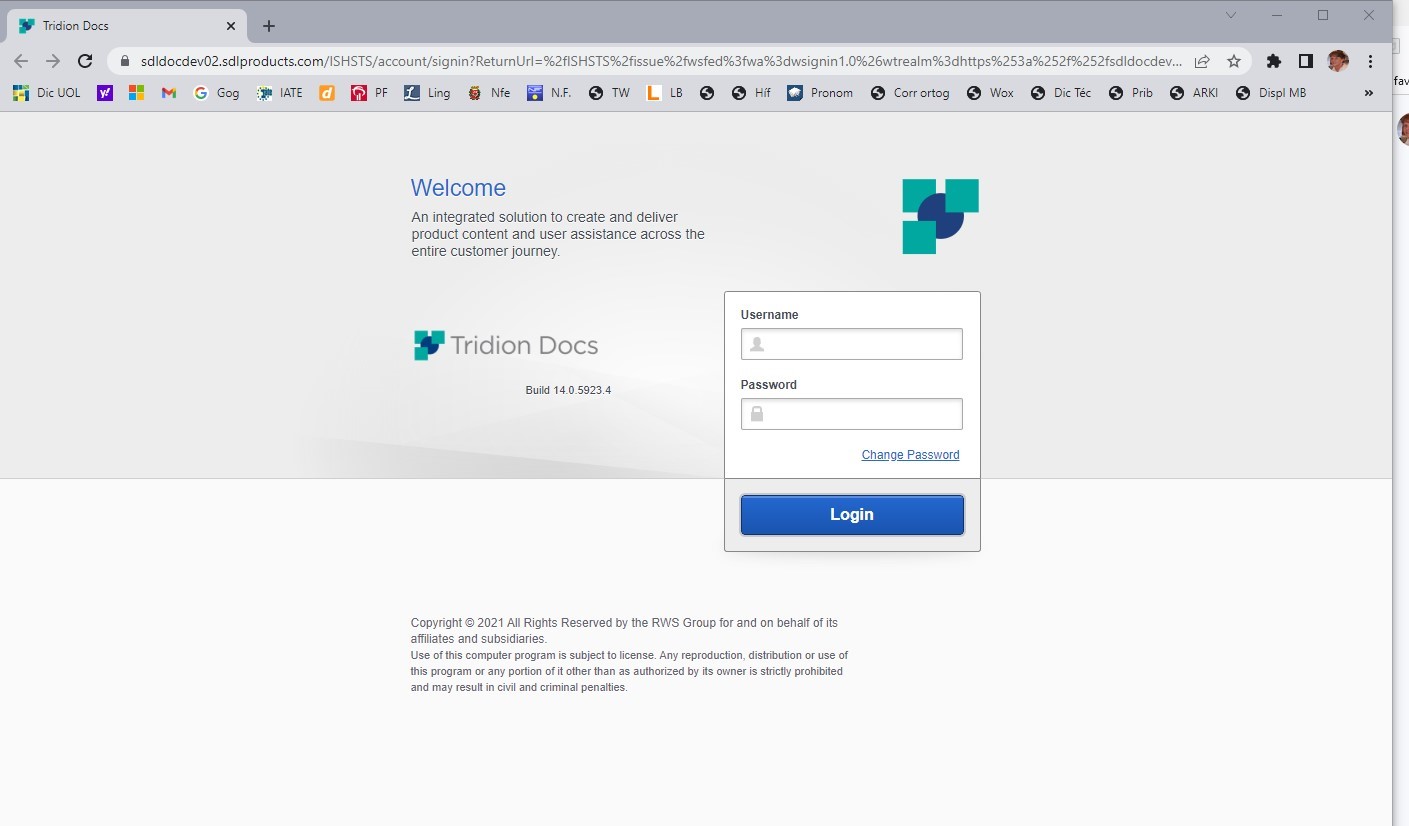 Screenshot of Tridion Docs login page with fields for username and password on Microsoft Edge browser.