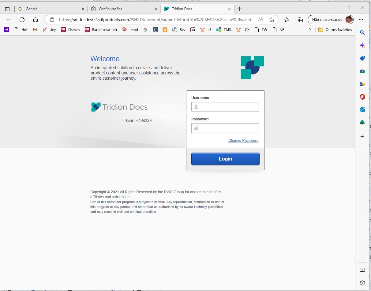 Screenshot of Tridion Docs login page with fields for username and password on Google Chrome browser.