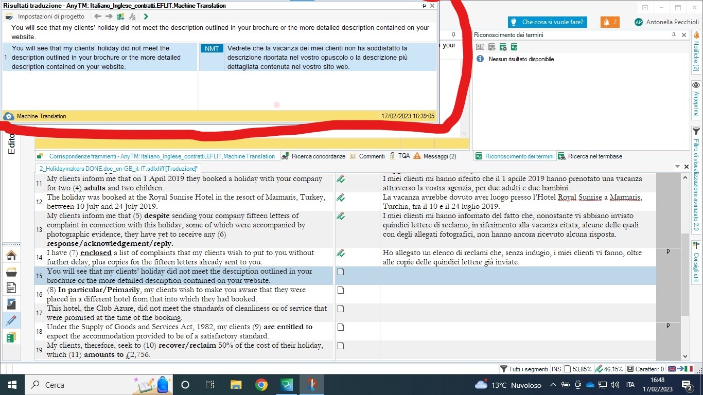 Screenshot of Trados Studio with a floating 'Translation result' window outlined in red, showing English to Italian translation with time stamp 17022023 16:39:05.