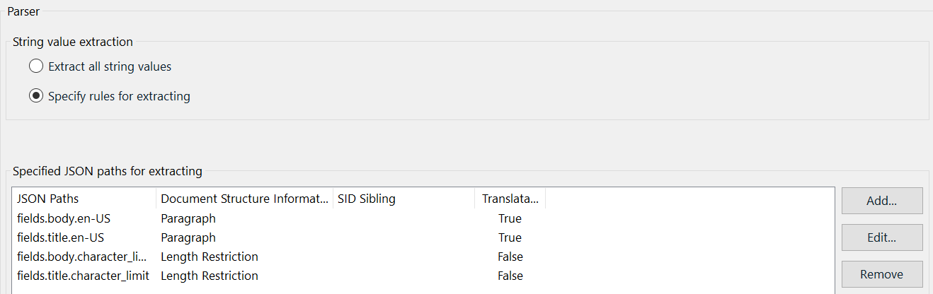 Trados Studio parser settings showing specified JSON paths for extracting with 'fields.body.en-US' and 'fields.title.en-US' set to 'Paragraph' and 'True' for translation, and 'fields.body.character_limit' and 'fields.title.character_limit' set to 'Length Restriction' and 'False' for translation.