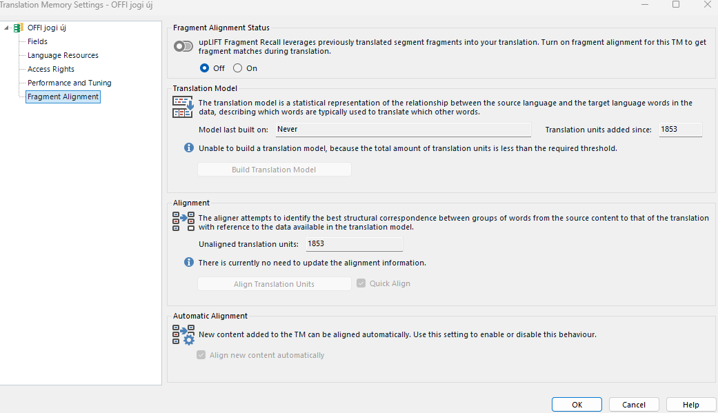 Screenshot of Trados Studio Translation Memory Settings showing Fragment Alignment Status with 'Off' selected. A warning under Translation Model states 'Unable to build a translation model, because the total amount of translation units is less than the required threshold.' There are 1853 unaligned translation units and a note that there is no need to update the alignment information.