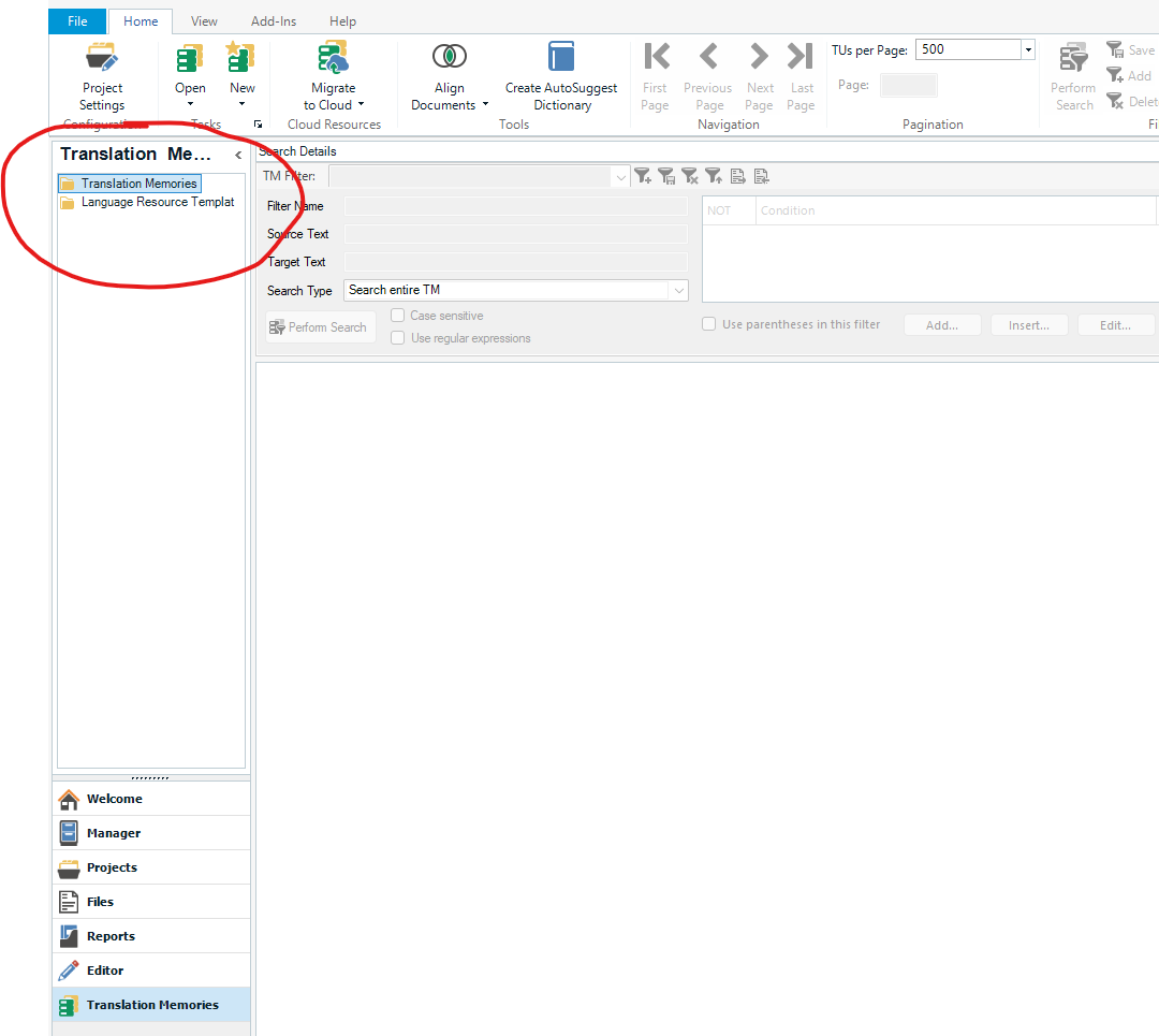 Screenshot of Trados Studio software showing the Translation Memories section with Language Resource Template highlighted.
