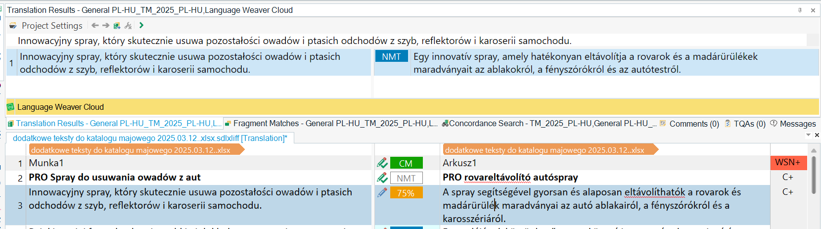 Screenshot of Trados Studio interface showing a 75% match in Translation Results pane with no visible differences highlighted between TM version and new source.