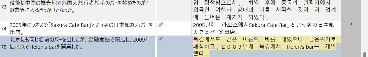 Screenshot of Trados Studio 2024 showing a translation segment with improper spacing between Korean and Japanese words. A warning symbol is visible next to the segment number.