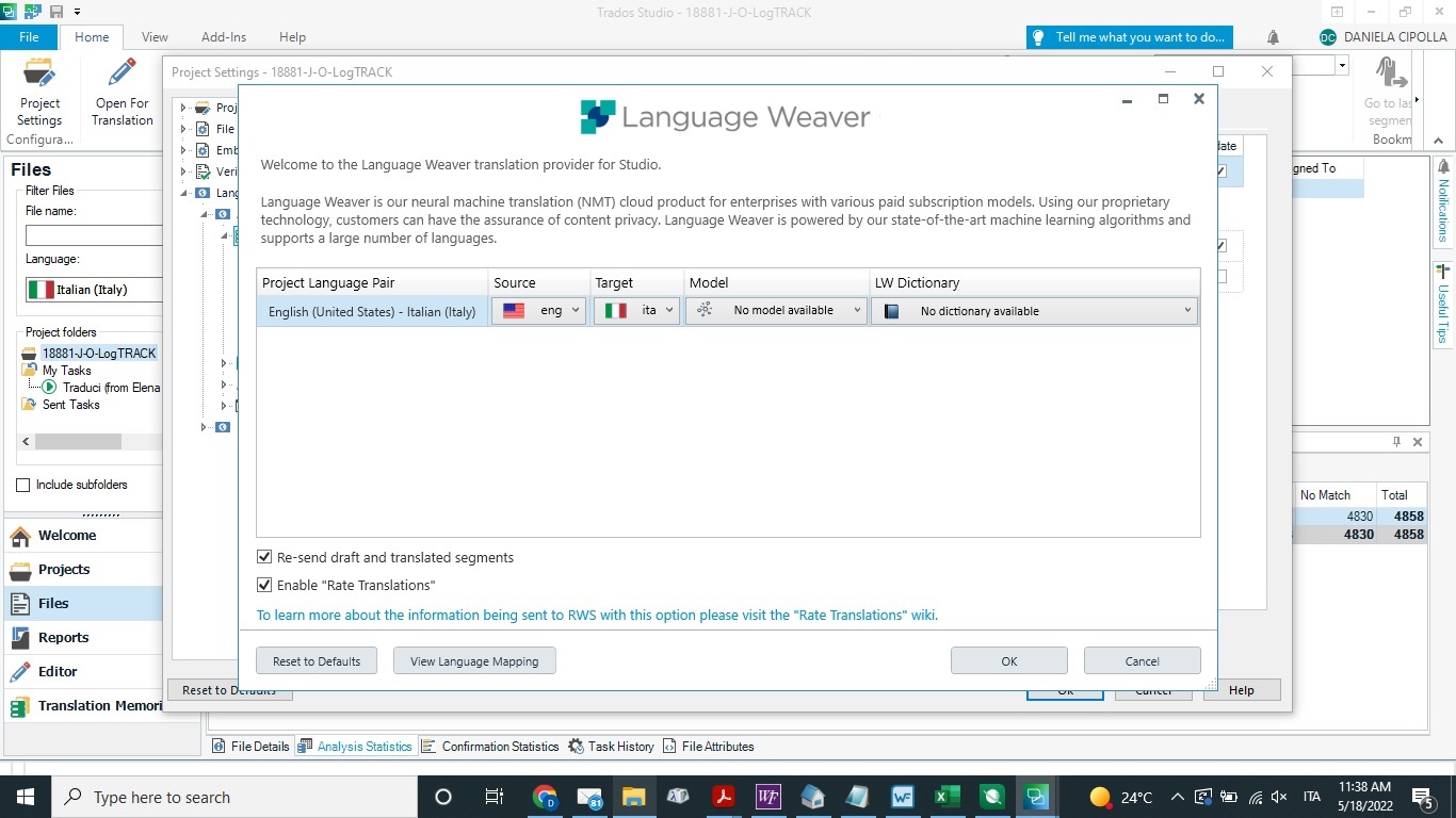 Language Weaver provider settings in Trados Studio showing 'No model available' and 'No dictionary available' for English to Italian language pair.
