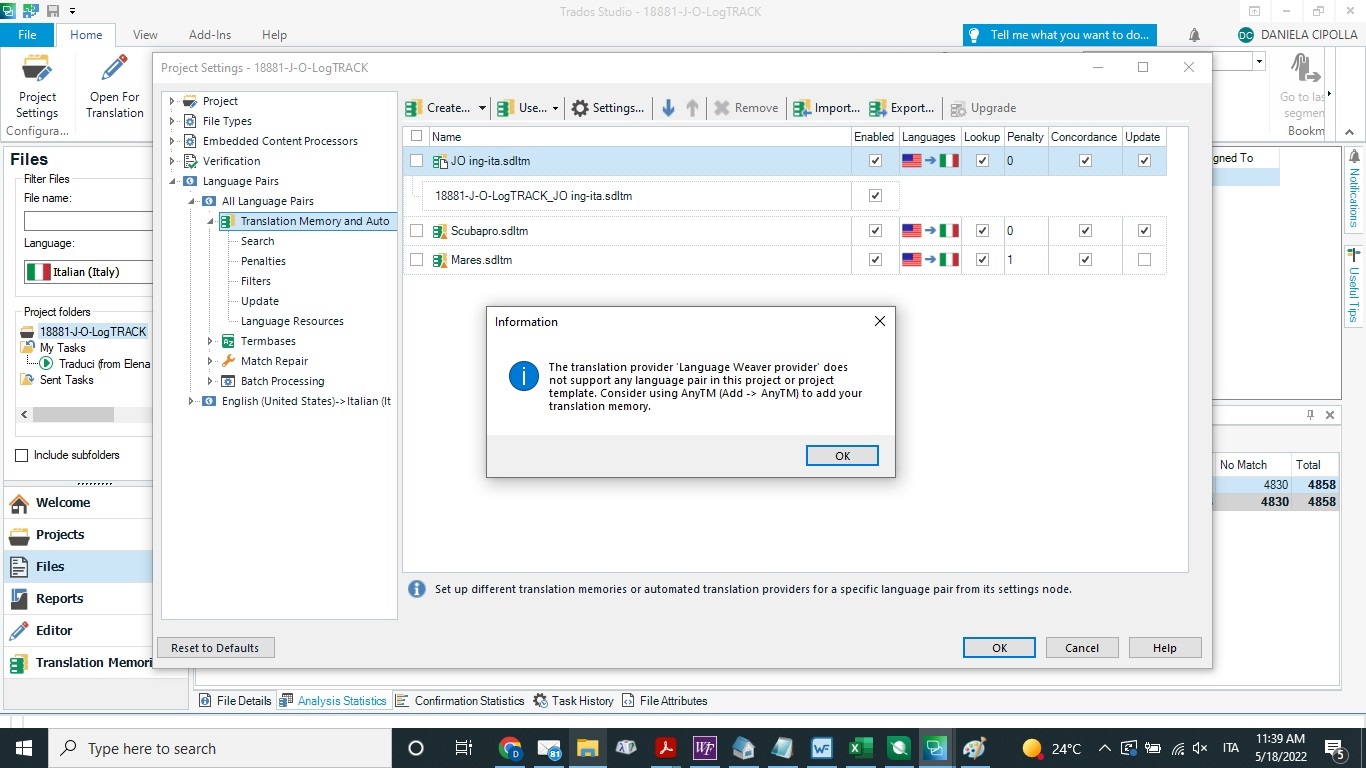 Information message in Trados Studio stating 'The translation provider 'Language Weaver provider' does not support any language pair in this project or project template. Consider using AnyTM to add your translation memory.'