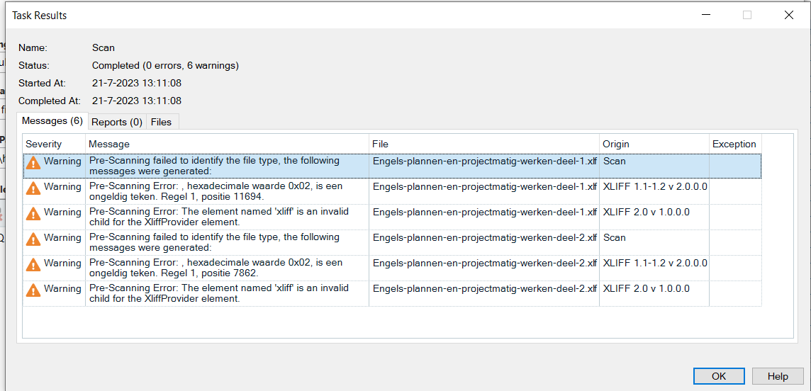 Trados Studio Task Results window showing 0 errors and 6 warnings. Warnings include 'Pre-Scanning failed to identify the file type' and 'Pre-Scanning Error: hexadecimal value 0x02 is an invalid character.'