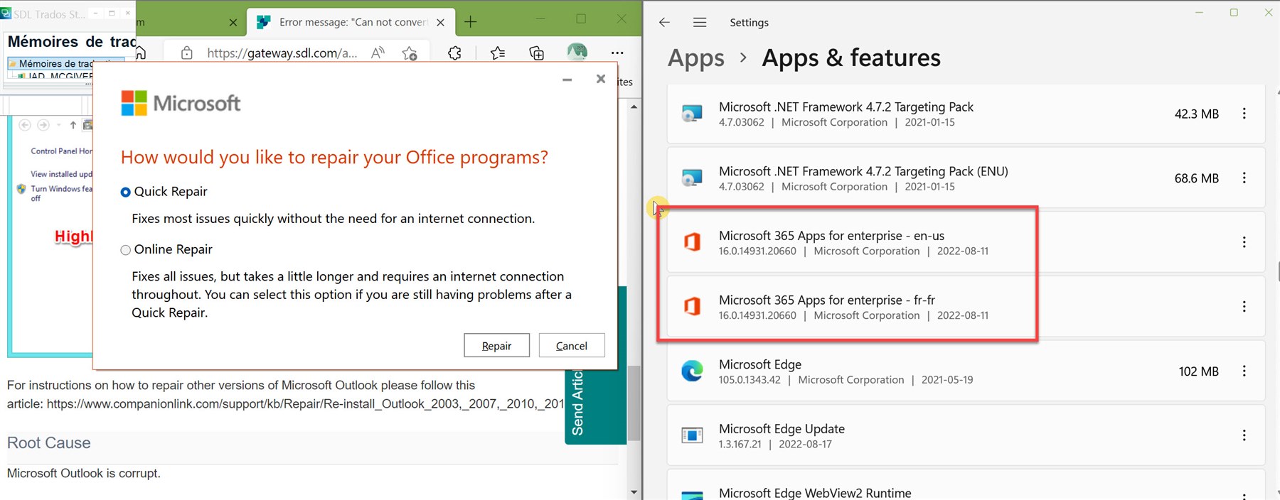 Microsoft error message window suggesting Quick Repair or Online Repair for Office programs with a highlighted root cause stating Microsoft Outlook is corrupt.