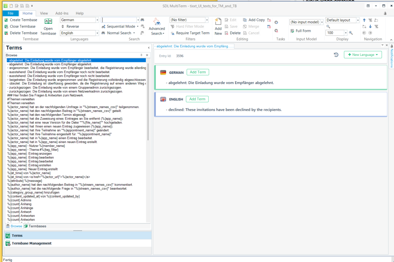 Screenshot of SDL MultiTerm with a term base open, showing German to English translations. The term 'abgelehnt' in German is translated to 'declined' in English. No visible errors or warnings.