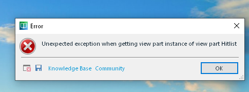 Error message popup from Trados Studio stating 'Unexpected exception when getting view part instance of view part Hitlist' with 'OK' button and links to 'Knowledge Base' and 'Community'.