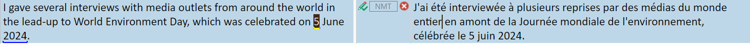 Screenshot of Trados Studio with a verification error. The date '5 June 2024' in English is translated to 'le 5 juin 2024' in French, causing a false positive error.