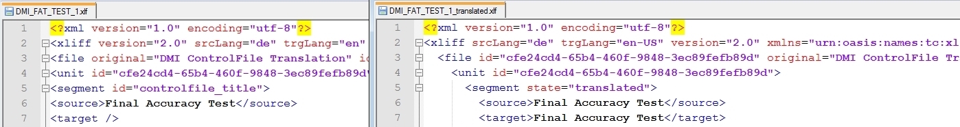Screenshot of Trados Studio showing original XLIFF file with segment tags and IDs before translation.