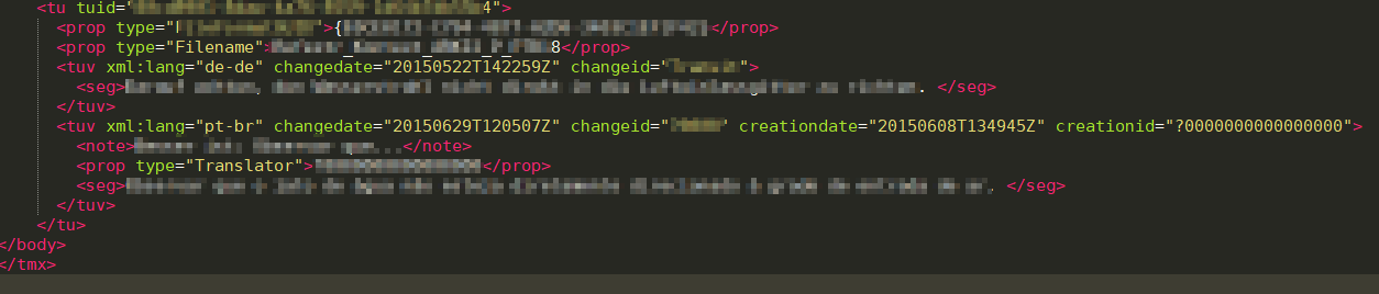 Snippet of TMX code with XML tags showing translation units, properties, and a note element within the source and target elements.
