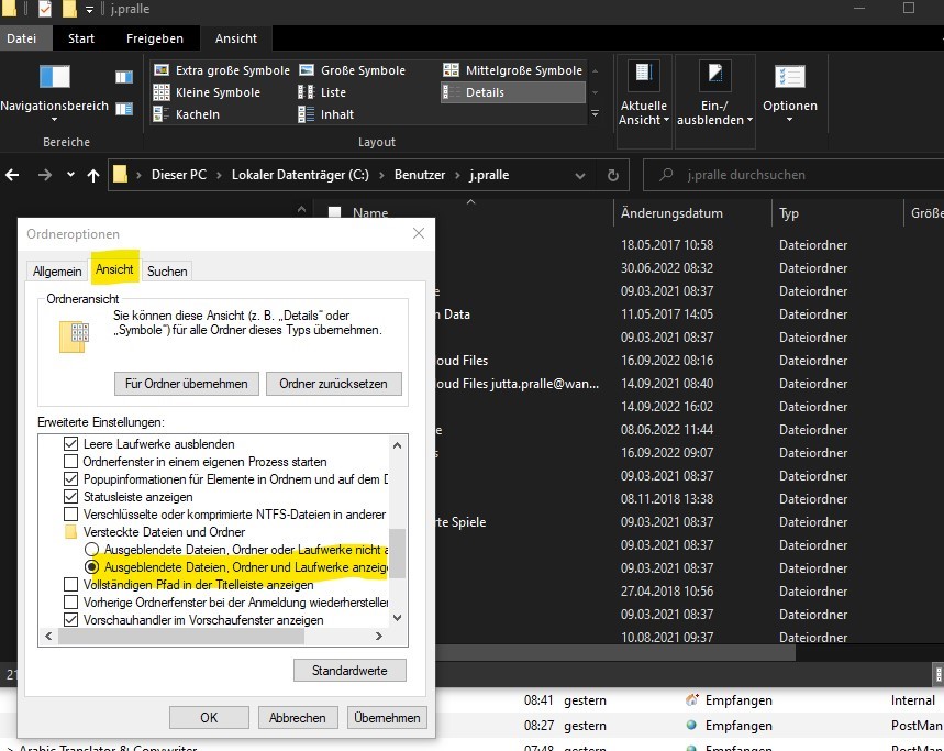 File Explorer window showing Folder Options with the View tab active. 'Show hidden files, folders, and drives' option is highlighted.