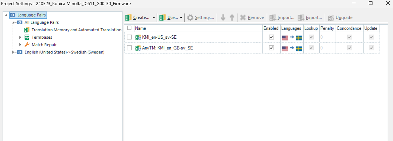 Screenshot of Trados Studio Project Settings showing Language Pairs panel with Translation Memory and Automated Translation, Term bases, and Match Repair settings for English (United States) to Swedish (Sweden).