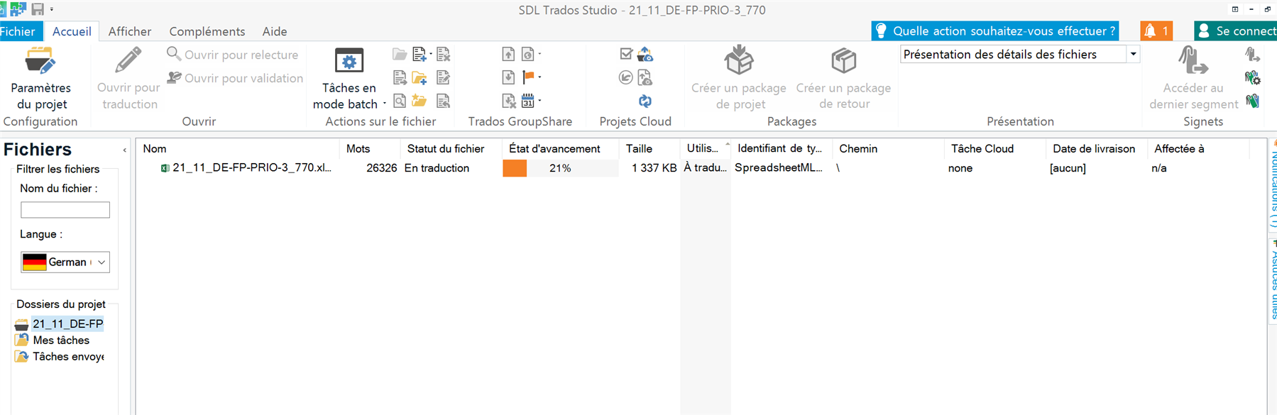 Trados Studio project files screen showing a file named '21_11_DE-FP-PRIO-3_770' with 21% progress indicated by the translation memory.
