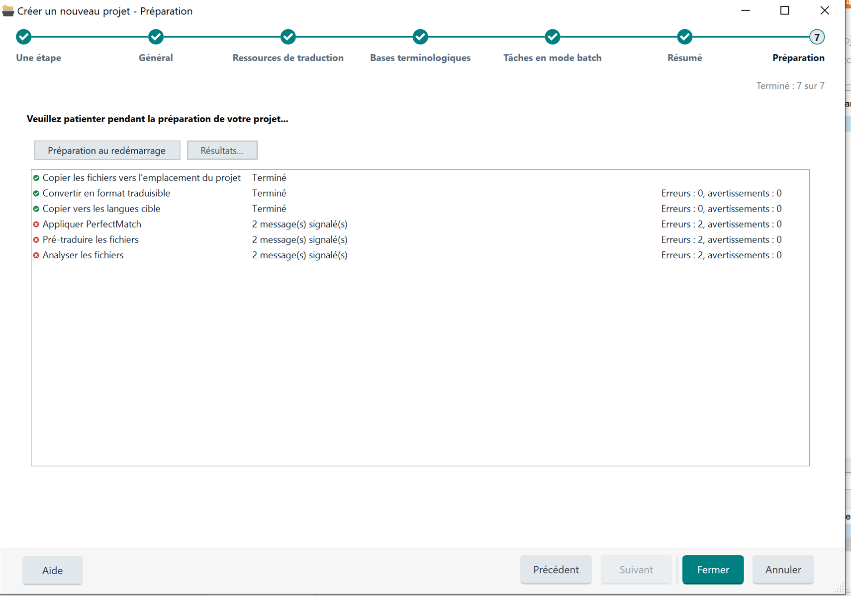 Trados Studio project preparation screen showing tasks with two error messages related to applying PerfectMatch and pre-translating files.
