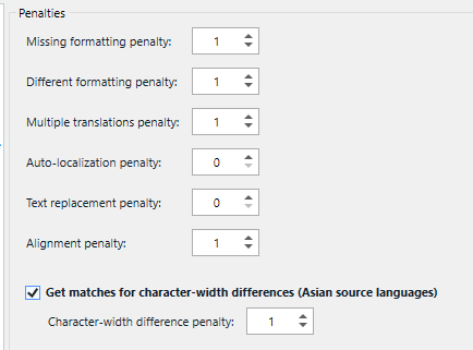 Screenshot of Trados Studio penalty settings showing values for missing formatting, different formatting, multiple translations, auto-localization, text replacement, alignment, and character-width difference penalties.