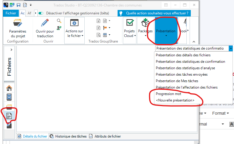 Trados Studio interface showing the 'Fichier' tab selected with a dropdown menu open under 'Presentation' and 'Nouvelle presentation' highlighted at the bottom.