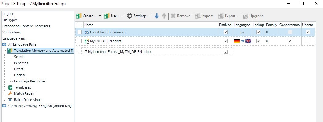 Trados Studio project settings showing a main project TM attached with no errors.