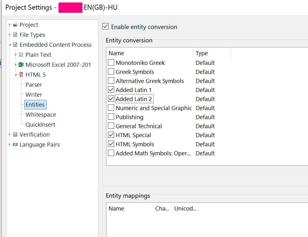 Trados Studio project settings displaying the HTML 5 Entities section with entity conversion options and a list of entity types like Added Latin 1 and Added Latin 2.