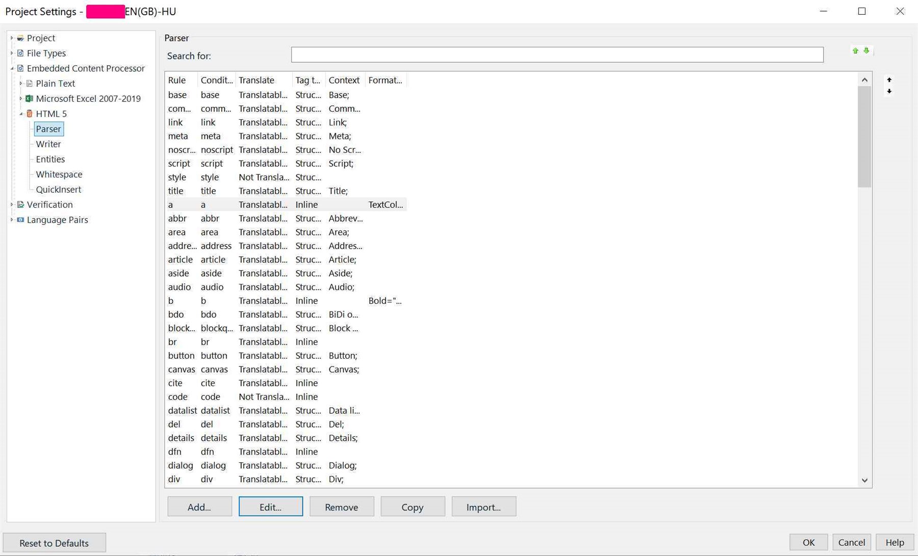 Trados Studio project settings showing HTML 5 embedded content processor rules, including tags like 'a', 'abbr', and 'area' with their translation and structure settings.