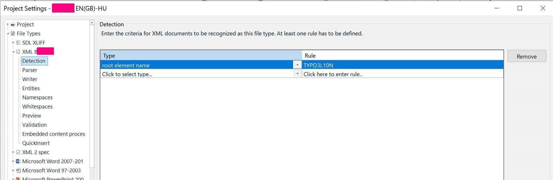 Trados Studio project settings for XML file type detection, displaying a rule with the root element name 'TYPO3L10N'.