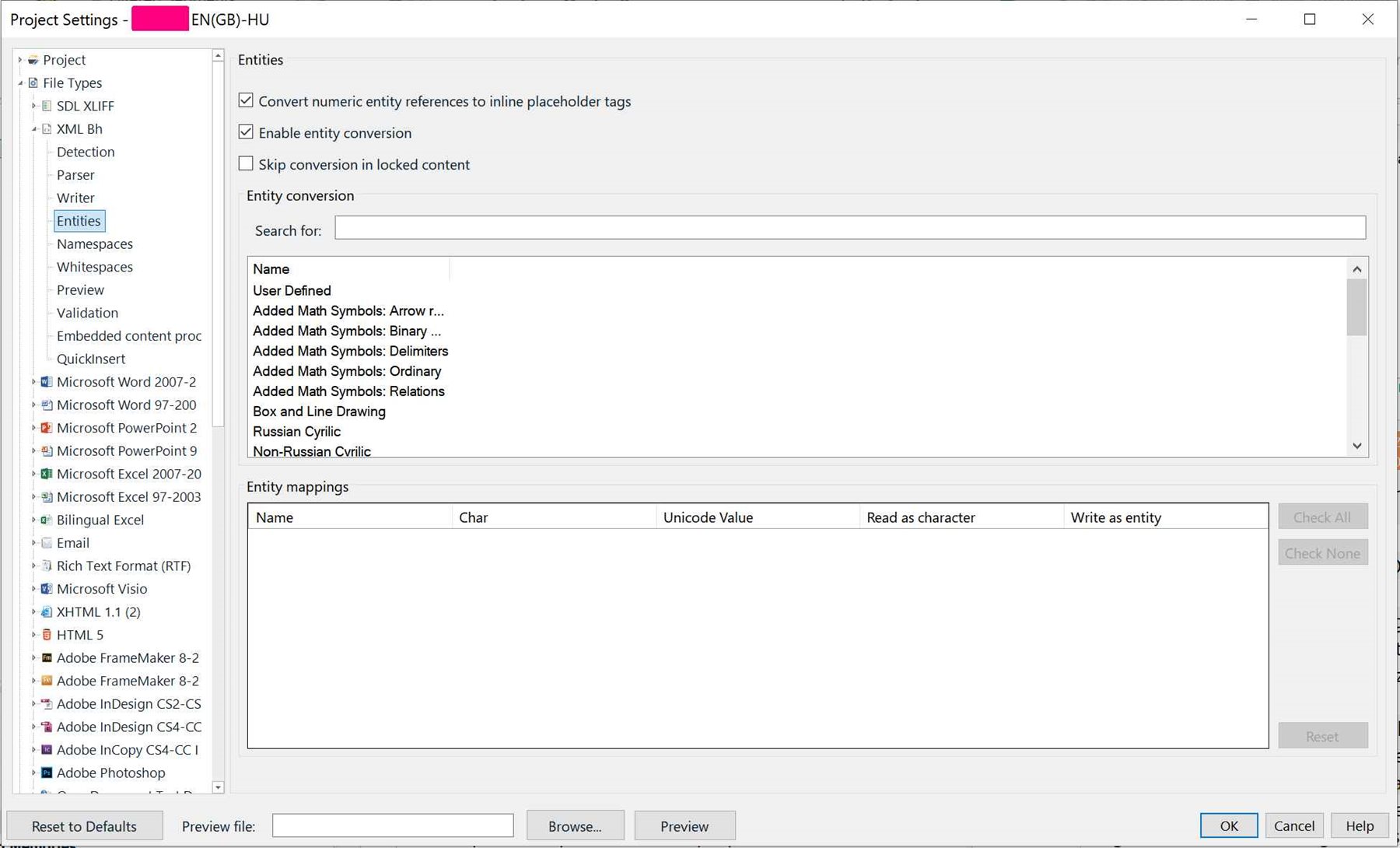Trados Studio project settings showing the Entities section with options for entity conversion and entity mappings.