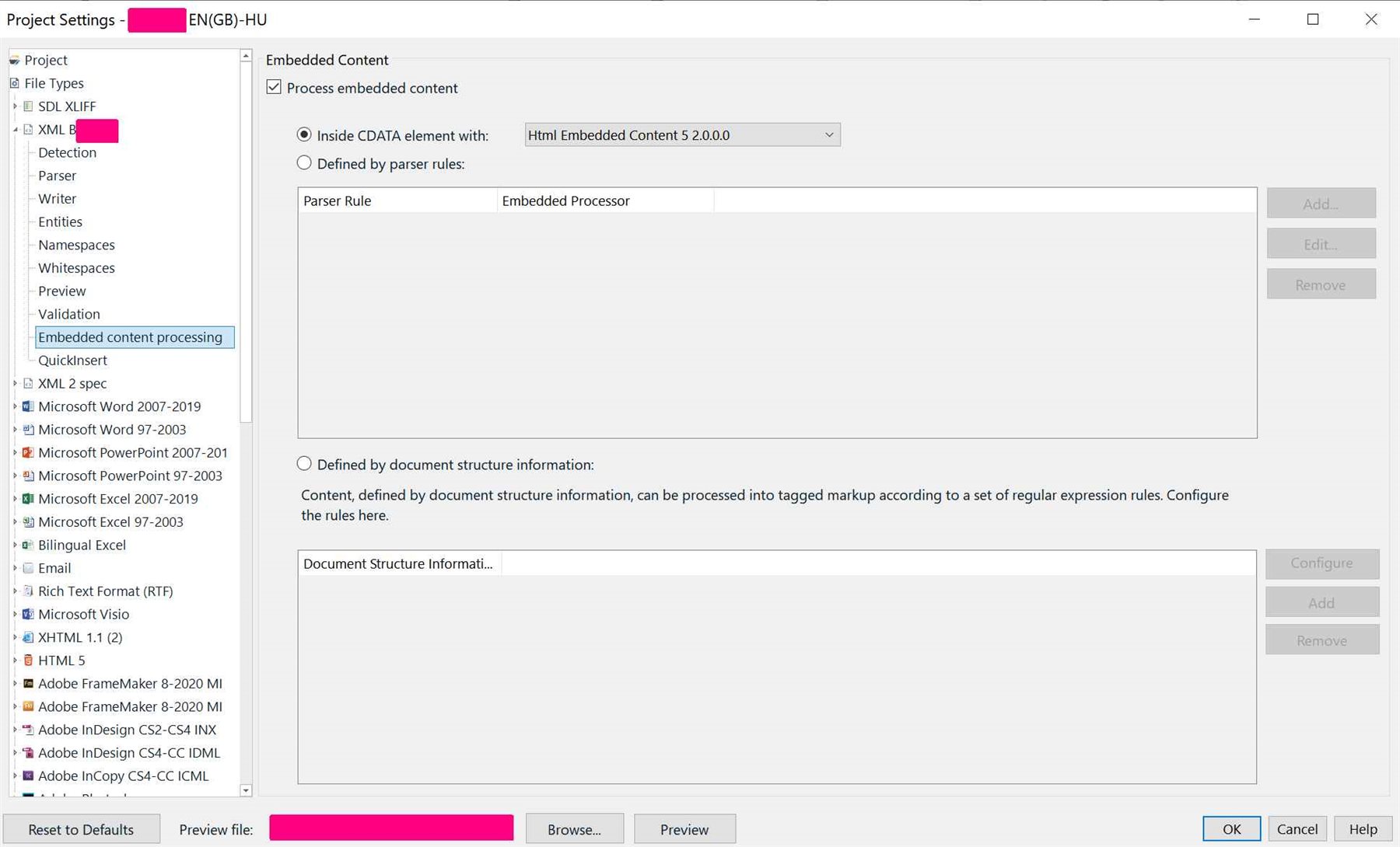 Trados Studio project settings for embedded content processing, showing the option to process embedded content with 'Html Embedded Content 5 2.0.0.0'.