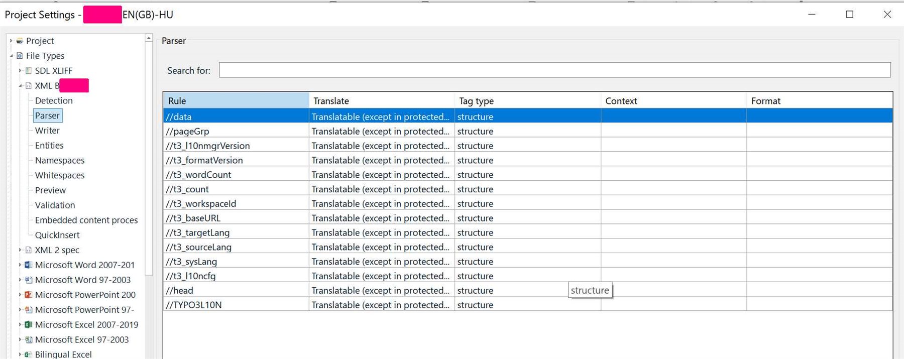Trados Studio project settings showing XML parser rules, including elements like 'data', 't3_wordCount', and 't3_targetLang' with their translation and structure settings.