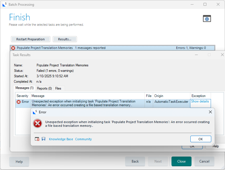 Screenshot of Trados Studio error message. The 'Populate Project Translation Memories' task failed with an error stating 'Unexpected exception when initializing task: An error occurred creating a file based translation memory.'