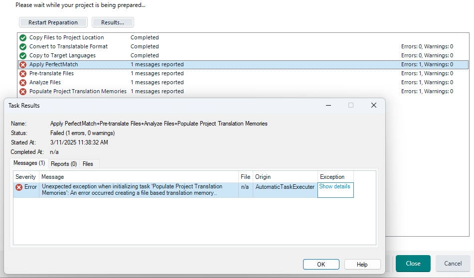 Screenshot of Trados Studio project preparation error. Task 'Populate Project Translation Memories' failed with an error message: 'Unexpected exception when initializing task: An error occurred creating a file based translation memory.'