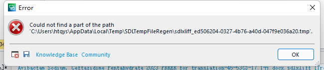 Error message window in Trados Studio indicating 'Could not find a part of the path' with a file path ending in 'sdlxliff.tmp'.
